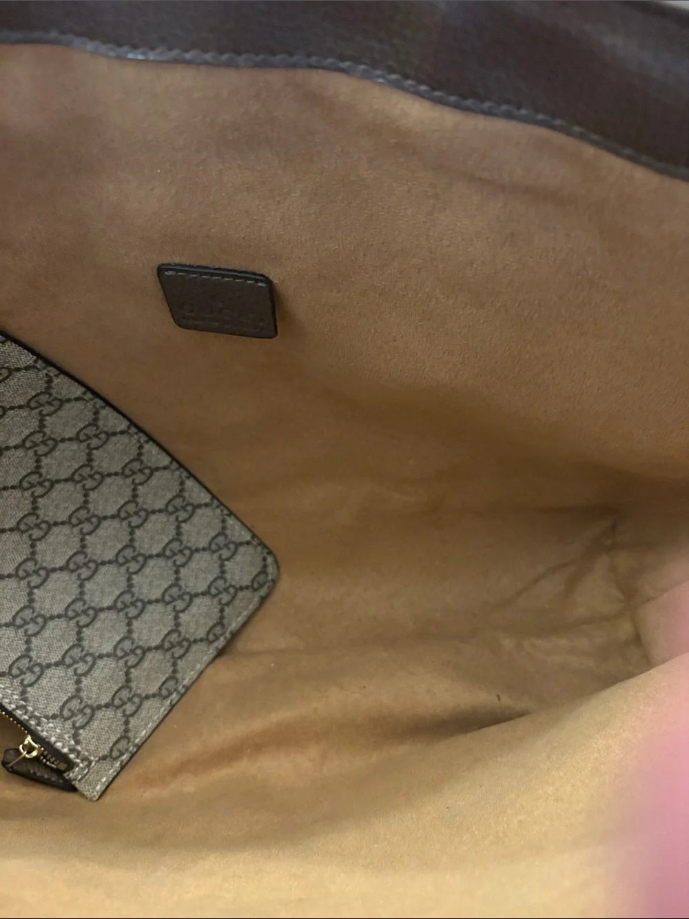 Gucci Beige GG Supreme Canvas Tote with Brown Trim and Green-Red Stripe